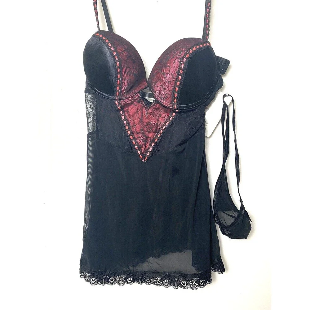 iCollection Babydoll Mesh Lace Overlay Microfiber Coral Black Size M Lingerie - Picture 2 of 11